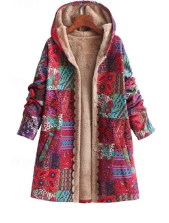 Best Women's Coat Outdoor Daily Wear Fall Winter Long Coat Loose Fit Thermal Warm Breathable Stylish Casual Jacket Long Sleeve Floral Leaf with Pockets Yellow Pink Blue Women Jackets