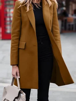 New Women's Coat Outdoor Office Street Fall Winter Long Coat Regular Fit Thermal Warm Breathable Stylish Casual Jacket Long Sleeve Plain with Pockets Black Red Coffee Women Coats & Trench Coats