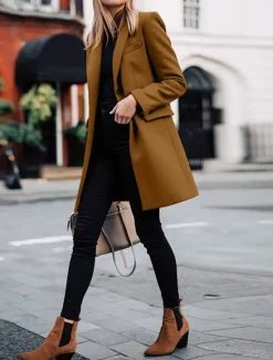 New Women's Coat Outdoor Office Street Fall Winter Long Coat Regular Fit Thermal Warm Breathable Stylish Casual Jacket Long Sleeve Plain with Pockets Black Red Coffee Women Coats & Trench Coats