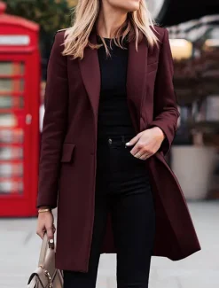 New Women's Coat Outdoor Office Street Fall Winter Long Coat Regular Fit Thermal Warm Breathable Stylish Casual Jacket Long Sleeve Plain with Pockets Black Red Coffee Women Coats & Trench Coats