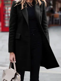 New Women's Coat Outdoor Office Street Fall Winter Long Coat Regular Fit Thermal Warm Breathable Stylish Casual Jacket Long Sleeve Plain with Pockets Black Red Coffee Women Coats & Trench Coats