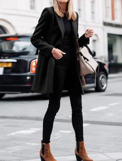 New Women's Coat Outdoor Office Street Fall Winter Long Coat Regular Fit Thermal Warm Breathable Stylish Casual Jacket Long Sleeve Plain with Pockets Black Red Coffee Women Coats & Trench Coats