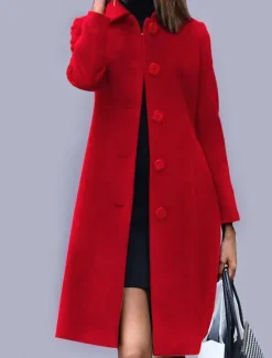 Best Women's Coat Outdoor Office / Career Fall Winter Long Coat Regular Fit Windproof Warm Comtemporary Stylish Lady Jacket Long Sleeve Plain with Pockets Black Red Royal Blue Women Coats & Trench Coats