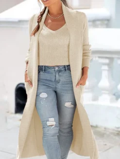 Outlet Women's Coat Outdoor Street Daily Wear Fall Winter Maxi Coat Regular Fit Thermal Warm Breathable Stylish Casual Jacket Long Sleeve Plain with Pockets Black Beige Gray Women Cardigans & Outerwears