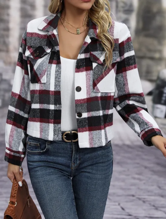 Hot Women's Coat Outdoor Street Daily Wear Fall Winter Short Coat Regular Fit Thermal Warm Breathable Stylish Casual Jacket Long Sleeve Stripes and Plaid with Pockets Print Red Green Khaki Women Jackets