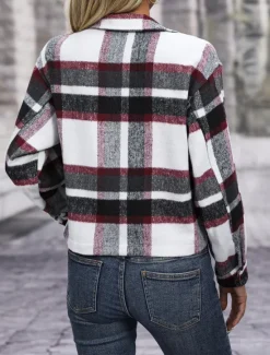 Hot Women's Coat Outdoor Street Daily Wear Fall Winter Short Coat Regular Fit Thermal Warm Breathable Stylish Casual Jacket Long Sleeve Stripes and Plaid with Pockets Print Red Green Khaki Women Jackets
