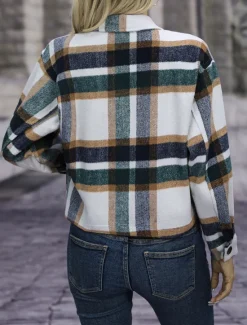Hot Women's Coat Outdoor Street Daily Wear Fall Winter Short Coat Regular Fit Thermal Warm Breathable Stylish Casual Jacket Long Sleeve Stripes and Plaid with Pockets Print Red Green Khaki Women Jackets