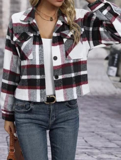 Hot Women's Coat Outdoor Street Daily Wear Fall Winter Short Coat Regular Fit Thermal Warm Breathable Stylish Casual Jacket Long Sleeve Stripes and Plaid with Pockets Print Red Green Khaki Women Jackets