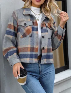 Hot Women's Coat Outdoor Street Daily Wear Fall Winter Short Coat Regular Fit Thermal Warm Breathable Stylish Casual Jacket Long Sleeve Stripes and Plaid with Pockets Print Red Green Khaki Women Jackets