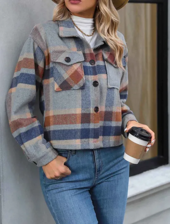 Hot Women's Coat Outdoor Street Daily Wear Fall Winter Short Coat Regular Fit Thermal Warm Breathable Stylish Casual Jacket Long Sleeve Stripes and Plaid with Pockets Print Red Green Khaki Women Jackets