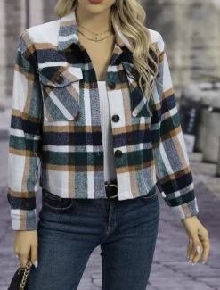 Hot Women's Coat Outdoor Street Daily Wear Fall Winter Short Coat Regular Fit Thermal Warm Breathable Stylish Casual Jacket Long Sleeve Stripes and Plaid with Pockets Print Red Green Khaki Women Jackets