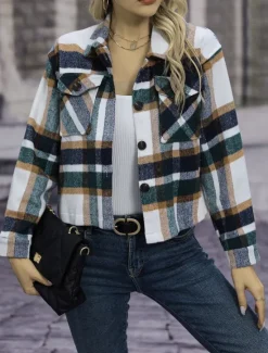 Hot Women's Coat Outdoor Street Daily Wear Fall Winter Short Coat Regular Fit Thermal Warm Breathable Stylish Casual Jacket Long Sleeve Stripes and Plaid with Pockets Print Red Green Khaki Women Jackets
