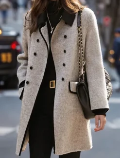 New Women's Coat Outdoor Street Daily Wear Fall Winter Long Coat Regular Fit Thermal Warm Breathable Stylish Casual Jacket Long Sleeve Plain Stripes and Plaid with Pockets Women Jackets