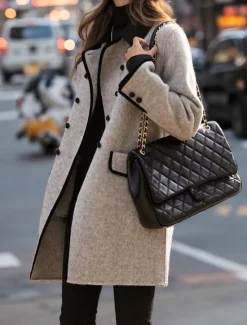 New Women's Coat Outdoor Street Daily Wear Fall Winter Long Coat Regular Fit Thermal Warm Breathable Stylish Casual Jacket Long Sleeve Plain Stripes and Plaid with Pockets Women Jackets