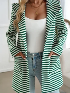 Women's Coat Outdoor Street Daily Wear Fall Winter Regular Coat Regular Fit Thermal Warm Breathable Stylish Casual Jacket Long Sleeve Stripe with Pockets Print Black Blue Brown Women Coats & Trench Coats