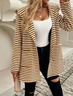 Women's Coat Outdoor Street Daily Wear Fall Winter Regular Coat Regular Fit Thermal Warm Breathable Stylish Casual Jacket Long Sleeve Stripe with Pockets Print Black Blue Brown Women Coats & Trench Coats