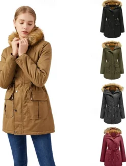 Discount Women's Coat Warm Breathable Zipper Buttons Pocket Casual Solid Color Vacation Street Daily Wear Going out Zipper Regular Hoodie Regular Fit Long Sleeve Outerwear Black Wine Khaki Fall Winter Women Puffers & Parka