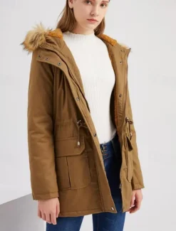 Discount Women's Coat Warm Breathable Zipper Buttons Pocket Casual Solid Color Vacation Street Daily Wear Going out Zipper Regular Hoodie Regular Fit Long Sleeve Outerwear Black Wine Khaki Fall Winter Women Puffers & Parka
