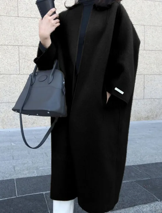 Discount Women's Coat Warm Breathable Pocket Oversized Fashion OL Style Modern Street Style Solid Color Outdoor Street Shopping Daily Wear Cardigan Long Crewneck Regular Fit Long Sleeve Outerwear Navy Black Women Coats & Trench Coats
