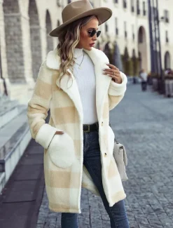 New Women's Coat Warm Breathable Buttons Fashion Modern Plaid Work Casual Single Breasted Long Turndown Loose Fit Long Sleeve Outerwear Fall Winter Women Coats & Trench Coats