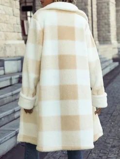 New Women's Coat Warm Breathable Buttons Fashion Modern Plaid Work Casual Single Breasted Long Turndown Loose Fit Long Sleeve Outerwear Fall Winter Women Coats & Trench Coats
