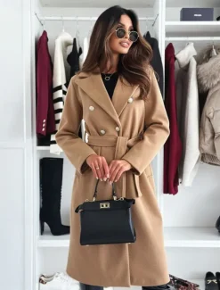 Discount Women's Coat Warm Comfortable Buttons With Belt Elegant Solid Color Casual Daily Double Breasted V Neck Regular Fit Long Sleeve Outerwear Black Khaki Apricot Winter Women Coats & Trench Coats