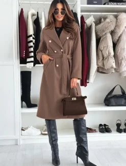 Discount Women's Coat Warm Comfortable Buttons With Belt Elegant Solid Color Casual Daily Double Breasted V Neck Regular Fit Long Sleeve Outerwear Black Khaki Apricot Winter Women Coats & Trench Coats