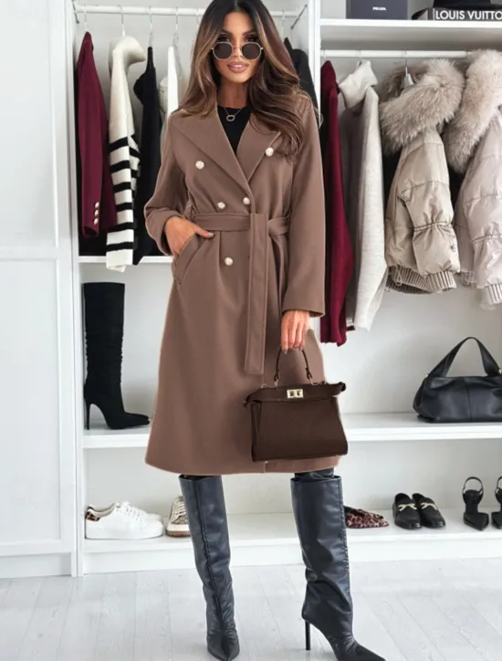 Discount Women's Coat Warm Comfortable Buttons With Belt Elegant Solid Color Casual Daily Double Breasted V Neck Regular Fit Long Sleeve Outerwear Black Khaki Apricot Winter Women Coats & Trench Coats