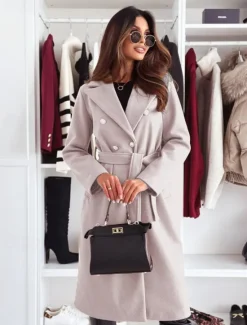 Discount Women's Coat Warm Comfortable Buttons With Belt Elegant Solid Color Casual Daily Double Breasted V Neck Regular Fit Long Sleeve Outerwear Black Khaki Apricot Winter Women Coats & Trench Coats