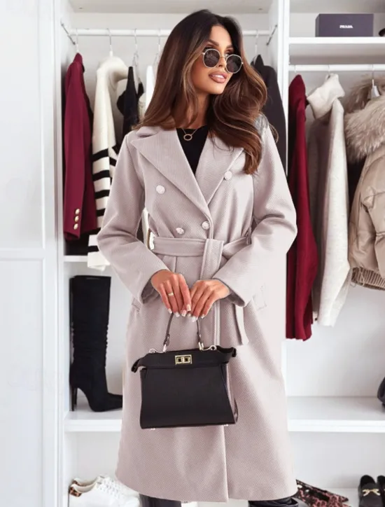 Discount Women's Coat Warm Comfortable Buttons With Belt Elegant Solid Color Casual Daily Double Breasted V Neck Regular Fit Long Sleeve Outerwear Black Khaki Apricot Winter Women Coats & Trench Coats