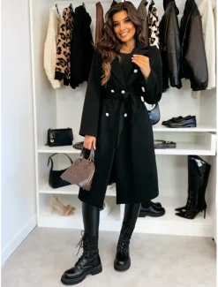 Best Women's Coat Warm Comfortable Buttons With Belt Elegant Solid Color Casual Daily Double Breasted Lapel Regular Fit Long Sleeve Outerwear Black Red Apricot Winter Women Coats & Trench Coats