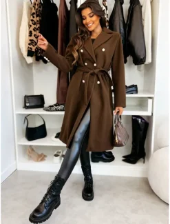 Best Women's Coat Warm Comfortable Buttons With Belt Elegant Solid Color Casual Daily Double Breasted Lapel Regular Fit Long Sleeve Outerwear Black Red Apricot Winter Women Coats & Trench Coats