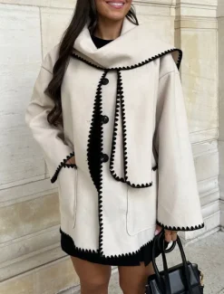 Outlet Women's Coat Warm Embroidered Pocket Elegant Classic Modern Solid Color Party Work Daily Wear Single Breasted Regular Crewneck Loose Fit Long Sleeve Outerwear Black Blue Khaki Fall Winter Women Coats & Trench Coats