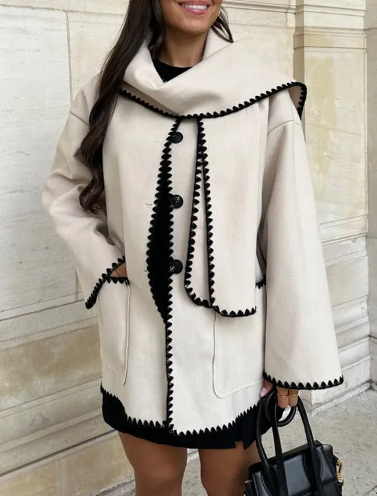 Outlet Women's Coat Warm Embroidered Pocket Elegant Classic Modern Solid Color Party Work Daily Wear Single Breasted Regular Crewneck Loose Fit Long Sleeve Outerwear Black Blue Khaki Fall Winter Women Coats & Trench Coats