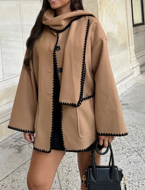 Outlet Women's Coat Warm Embroidered Pocket Elegant Classic Modern Solid Color Party Work Daily Wear Single Breasted Regular Crewneck Loose Fit Long Sleeve Outerwear Black Blue Khaki Fall Winter Women Coats & Trench Coats
