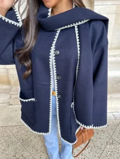Outlet Women's Coat Warm Embroidered Pocket Elegant Classic Modern Solid Color Party Work Daily Wear Single Breasted Regular Crewneck Loose Fit Long Sleeve Outerwear Black Blue Khaki Fall Winter Women Coats & Trench Coats