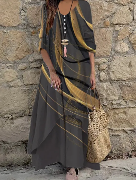 Best Women's Color Block Long Maxi Dress Button Layered Casual Dress Swing Dress Print Dress Fashion Modern Daily Vacation Weekend 3/4 Length Sleeve Crew Neck Dress Loose Fit Silver Black White Women Floral Dresses
