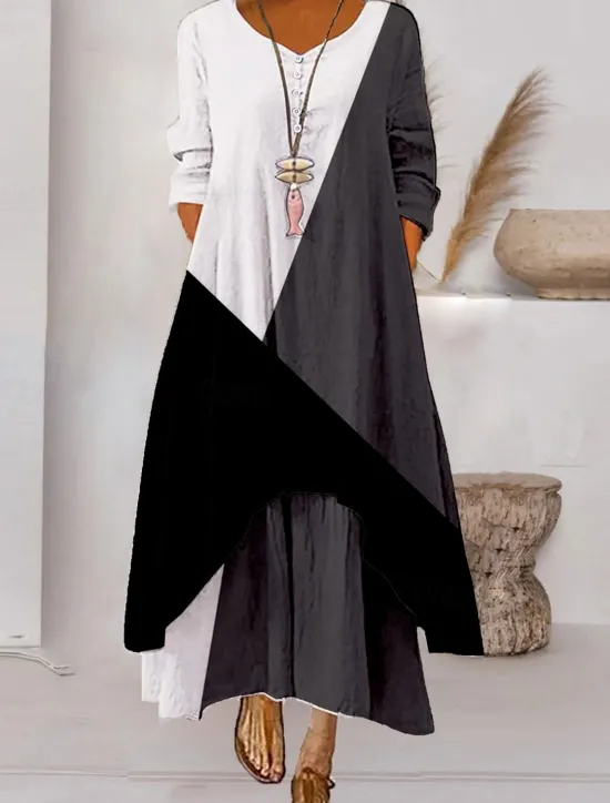 Best Women's Color Block Long Maxi Dress Button Layered Casual Dress Swing Dress Print Dress Fashion Modern Daily Vacation Weekend 3/4 Length Sleeve Crew Neck Dress Loose Fit Silver Black White Women Floral Dresses