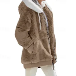 New Women's Color Block Teddy Sherpa Fleece Long Sleeve Cowl Neck Hoodie Regular Tops Dailywear Casual Zipper Pocket Violet Black White Army Green Burgundy Spring Fall Winter Women Hoodies & Sweatshirts