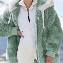 New Women's Color Block Teddy Sherpa Fleece Long Sleeve Cowl Neck Hoodie Regular Tops Dailywear Casual Zipper Pocket Violet Black White Army Green Burgundy Spring Fall Winter Women Hoodies & Sweatshirts