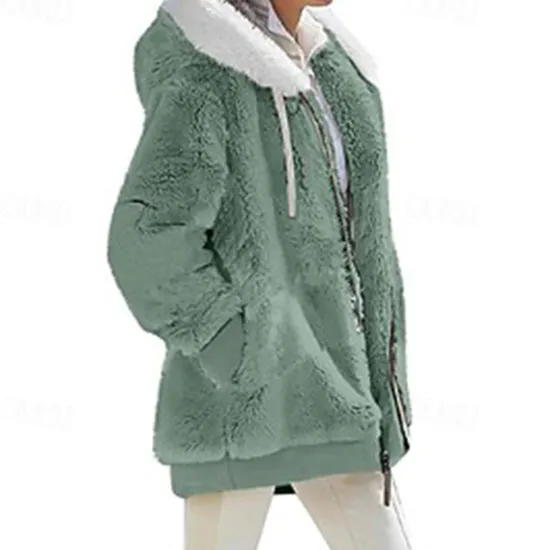 New Women's Color Block Teddy Sherpa Fleece Long Sleeve Cowl Neck Hoodie Regular Tops Dailywear Casual Zipper Pocket Violet Black White Army Green Burgundy Spring Fall Winter Women Hoodies & Sweatshirts
