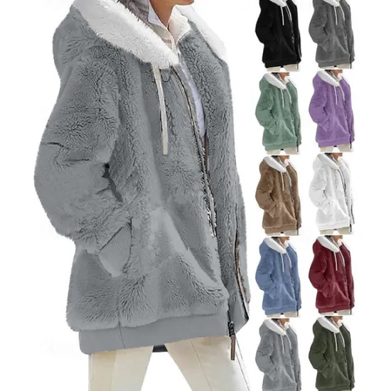 New Women's Color Block Teddy Sherpa Fleece Long Sleeve Cowl Neck Hoodie Regular Tops Dailywear Casual Zipper Pocket Violet Black White Army Green Burgundy Spring Fall Winter Women Hoodies & Sweatshirts