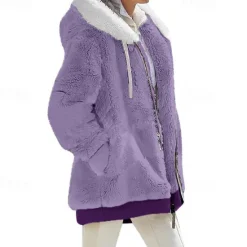 New Women's Color Block Teddy Sherpa Fleece Long Sleeve Cowl Neck Hoodie Regular Tops Dailywear Casual Zipper Pocket Violet Black White Army Green Burgundy Spring Fall Winter Women Hoodies & Sweatshirts