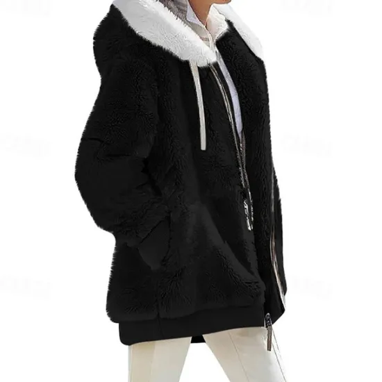 New Women's Color Block Teddy Sherpa Fleece Long Sleeve Cowl Neck Hoodie Regular Tops Dailywear Casual Zipper Pocket Violet Black White Army Green Burgundy Spring Fall Winter Women Hoodies & Sweatshirts