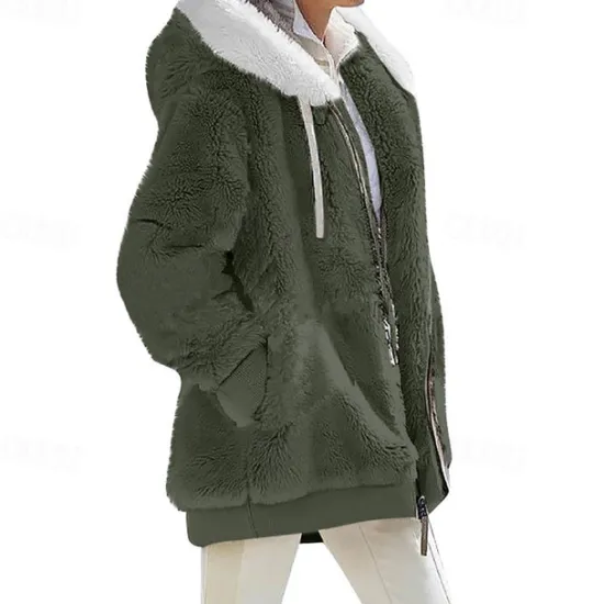 New Women's Color Block Teddy Sherpa Fleece Long Sleeve Cowl Neck Hoodie Regular Tops Dailywear Casual Zipper Pocket Violet Black White Army Green Burgundy Spring Fall Winter Women Hoodies & Sweatshirts