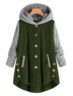 Women's Color Block Warm Teddy Fuzzy Long Sleeve Hoodie Long Tops Street Casual Buttons Pocket Black Pink Wine Blue Green Fall & Winter Women Hoodies & Sweatshirts