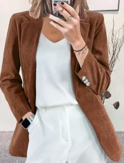 Hot Women's Corduroy Jacket Blazer Formal Button Solid Color Windproof Fashion Regular Fit Outerwear Long Sleeve Fall claret S Women Blazers & Suits