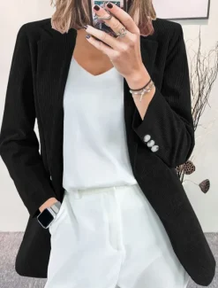 Hot Women's Corduroy Jacket Blazer Formal Button Solid Color Windproof Fashion Regular Fit Outerwear Long Sleeve Fall claret S Women Blazers & Suits