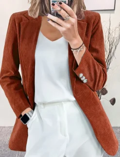 Hot Women's Corduroy Jacket Blazer Formal Button Solid Color Windproof Fashion Regular Fit Outerwear Long Sleeve Fall claret S Women Blazers & Suits