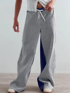 Clearance Women's Cotton Blend Denim Culottes Wide Leg Vacation Vintage Stylish Full Length Mid Waist Striped Patchwork Stripe Comfy Inelastic Outdoor Vacation Home Navy Earthy yellow Black Army Green Women Pants